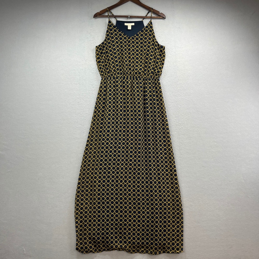 Banana Republic Maxi Dress Womens 10 Navy Yellow Geometric Spaghetti Strap Boho
